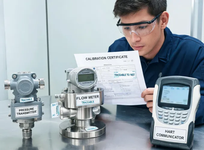 Technician reviewing calibration sheet beside process instruments